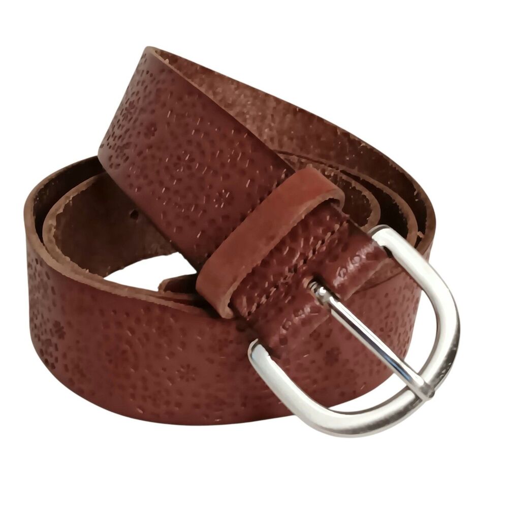 Brown Leather Belt Embossed Floral Silvertone Buckle Women's Medium - Large